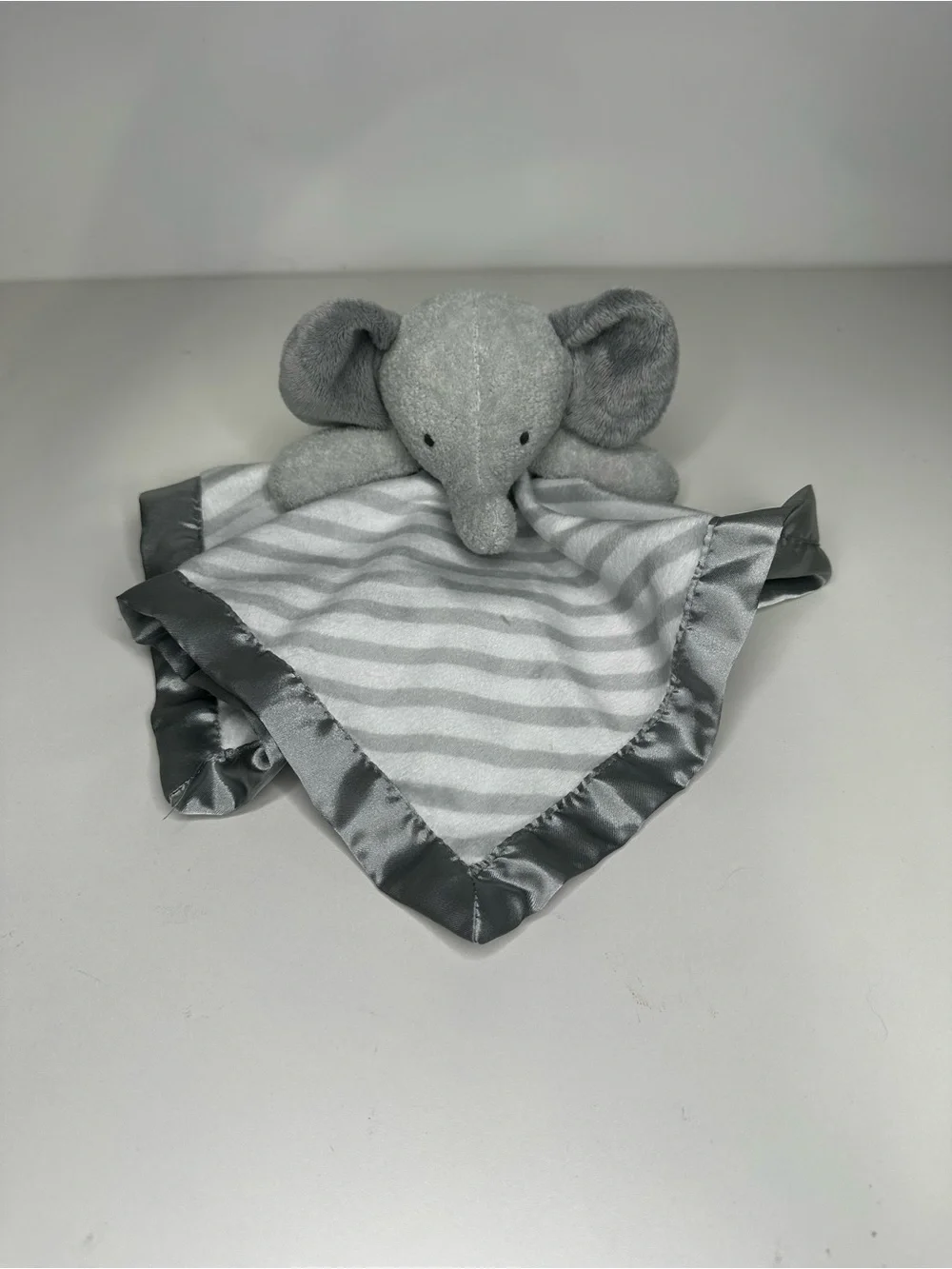 Cloud Island Elephant Gray White Striped Satin Baby Security Blanket Lovey Toy.